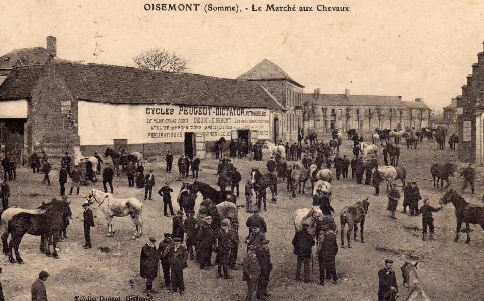 Überall ist Peugeot-Werbung zu finden: Auf dem Land - hier Pferdemarkt in Oisemont 