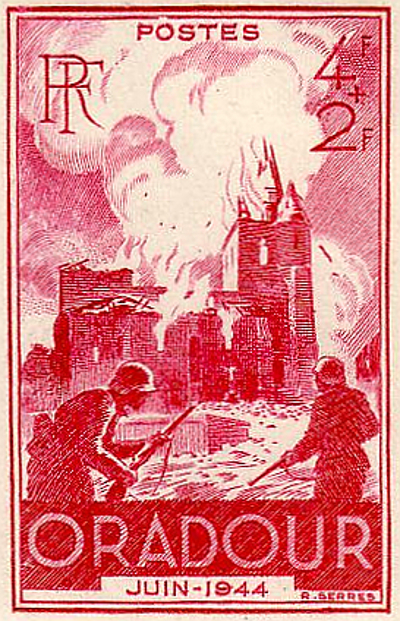 Französische Wohltätigkeitsmarke anlässlich des 1. Jahrestages der Zerstörung von Oradour-sur-Glane (1945)